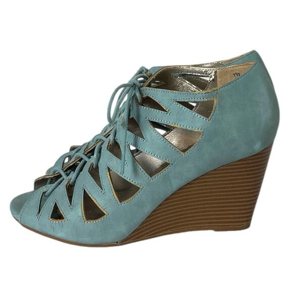 Jun & Ivy Kirra Wedge 4” Heel Sandal Lace Up Open Toe Light Blue Suede Size 7.5M - Picture 7 of 10